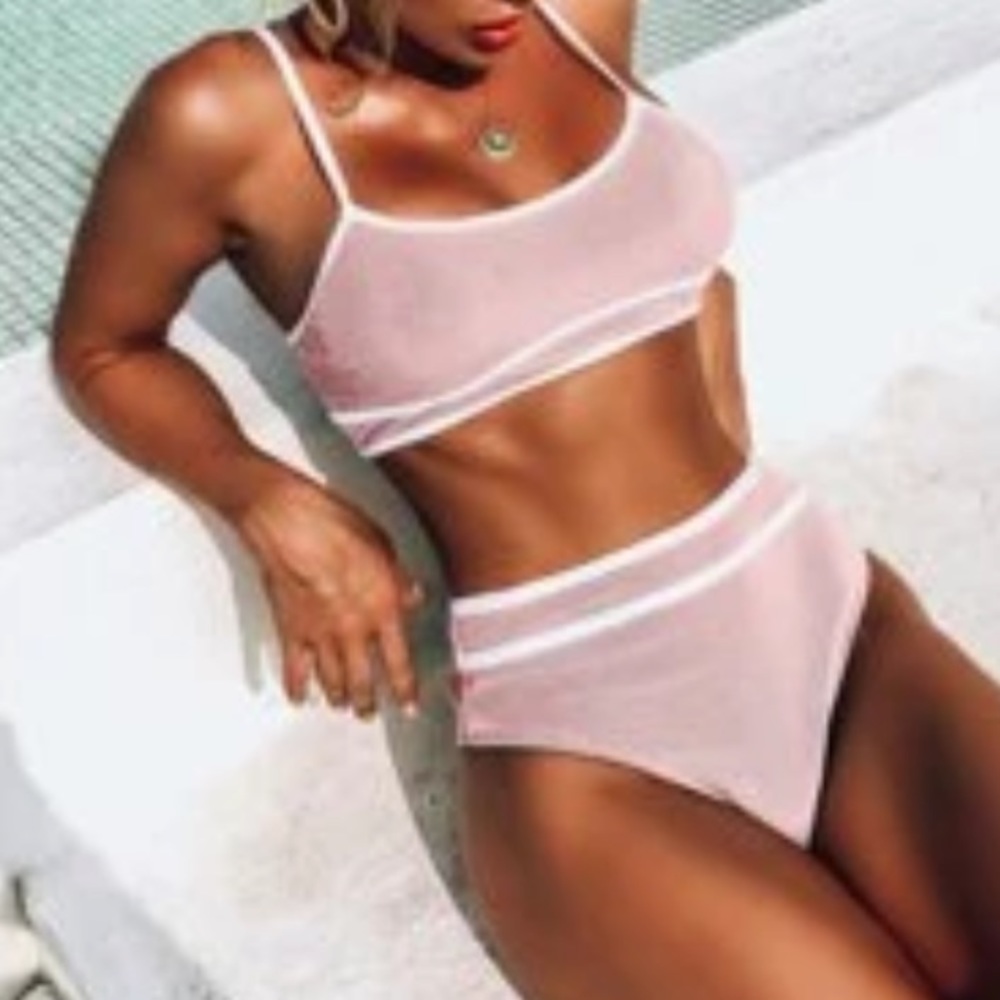 3/$10 Pink Ribbed Contrast Binding Bikini